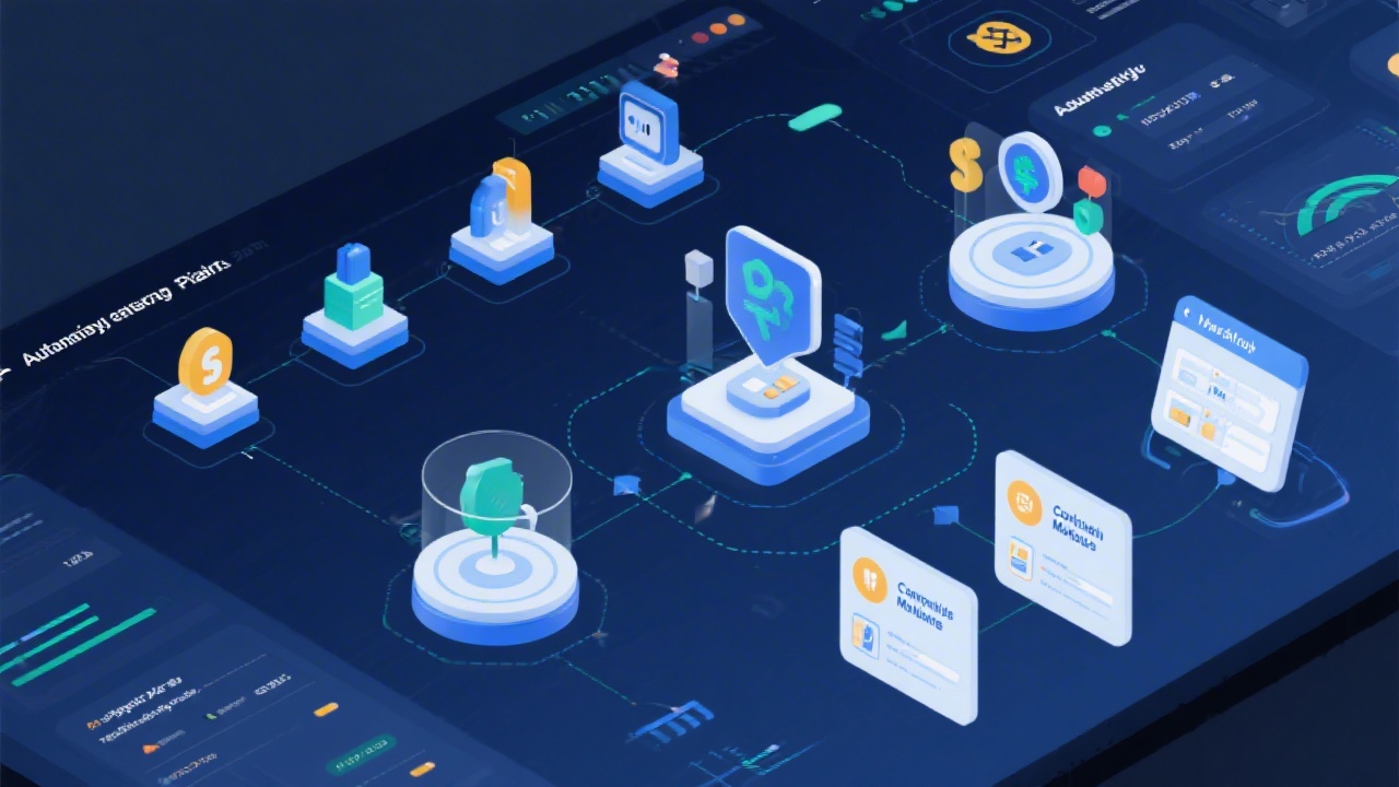Illustration of automated financial workflow with interconnected payroll, tax, and compliance modules monitored on a secure analytics platform