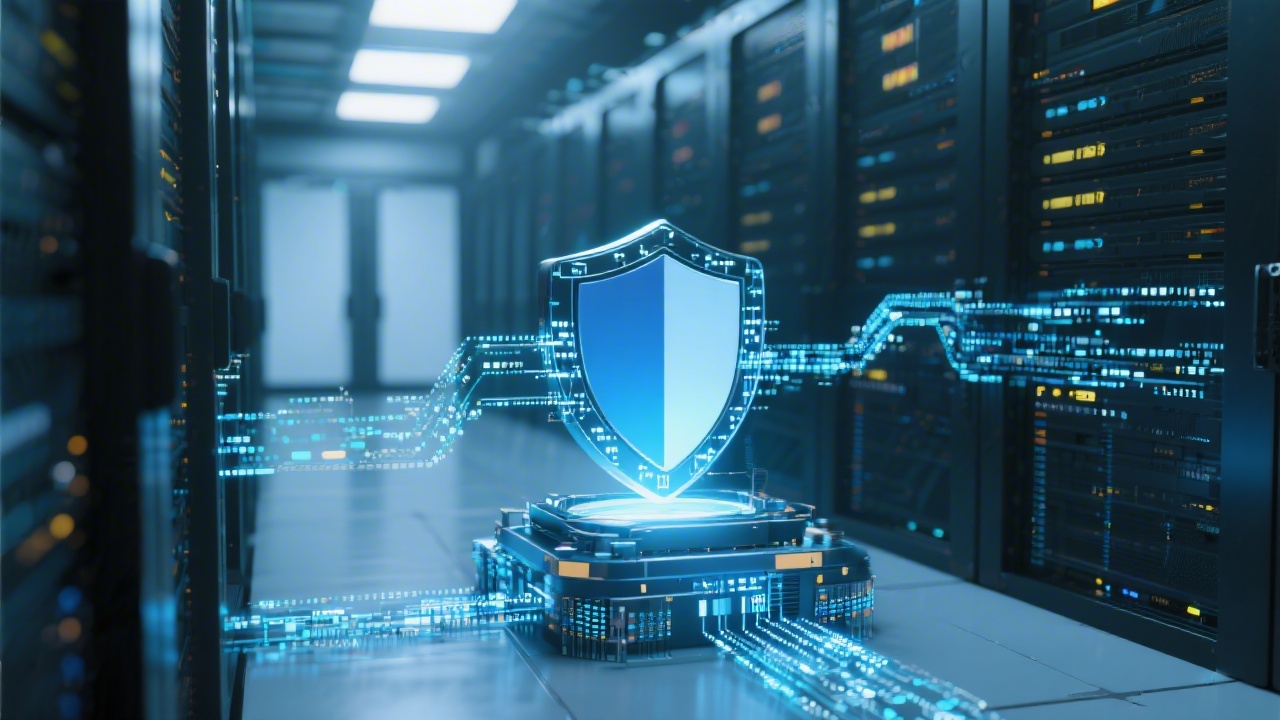 Secure data center visualization with Cloudflare shield icon and encrypted data pathways ensuring compliance for German financial services