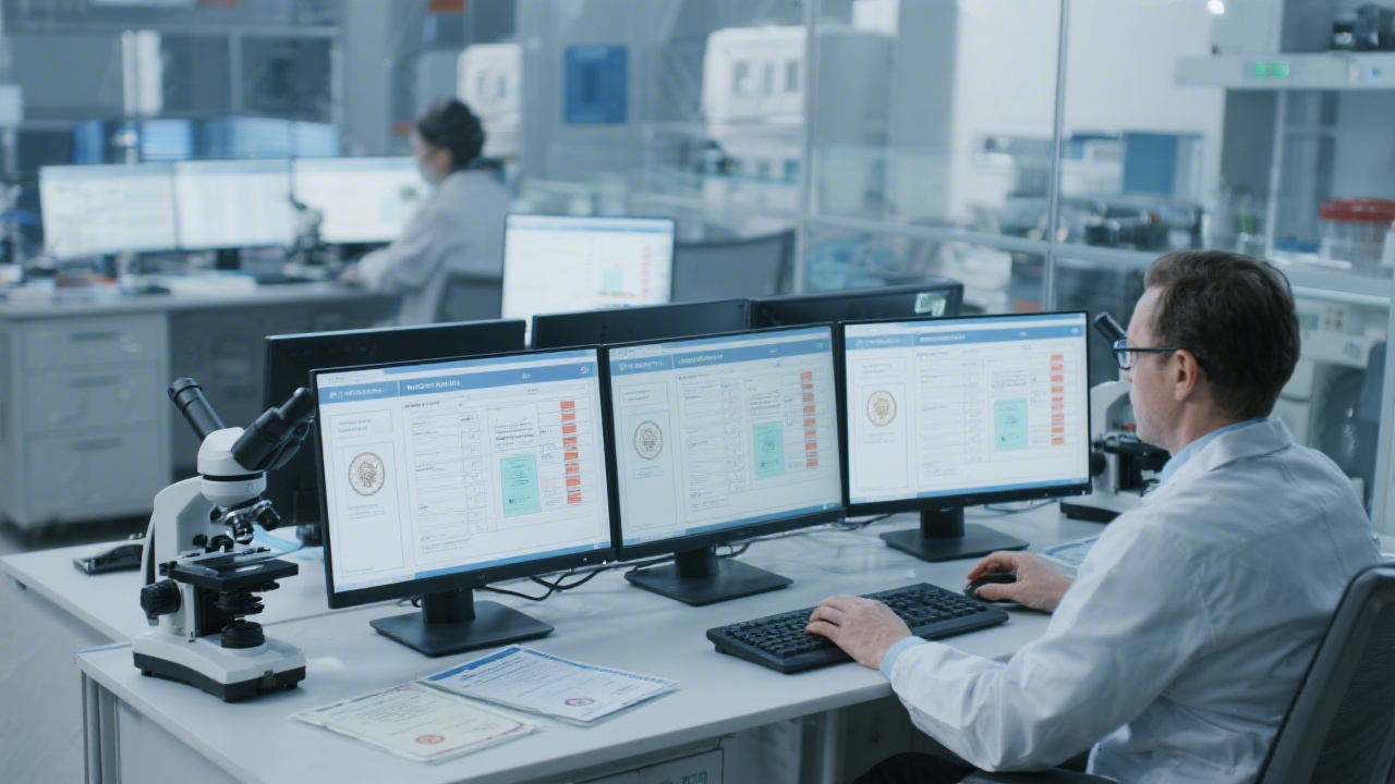 Analyst checking compliance requirements on multiple secured monitors with checklists and digital certificates in a laboratory-like office setup
