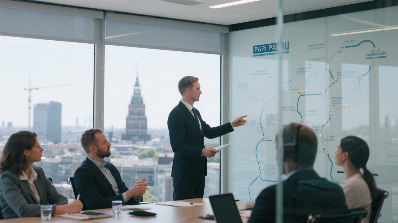 Consultant presenting payroll compliance roadmap to corporate stakeholders in a glass meeting room overlooking Berlin cityscape
