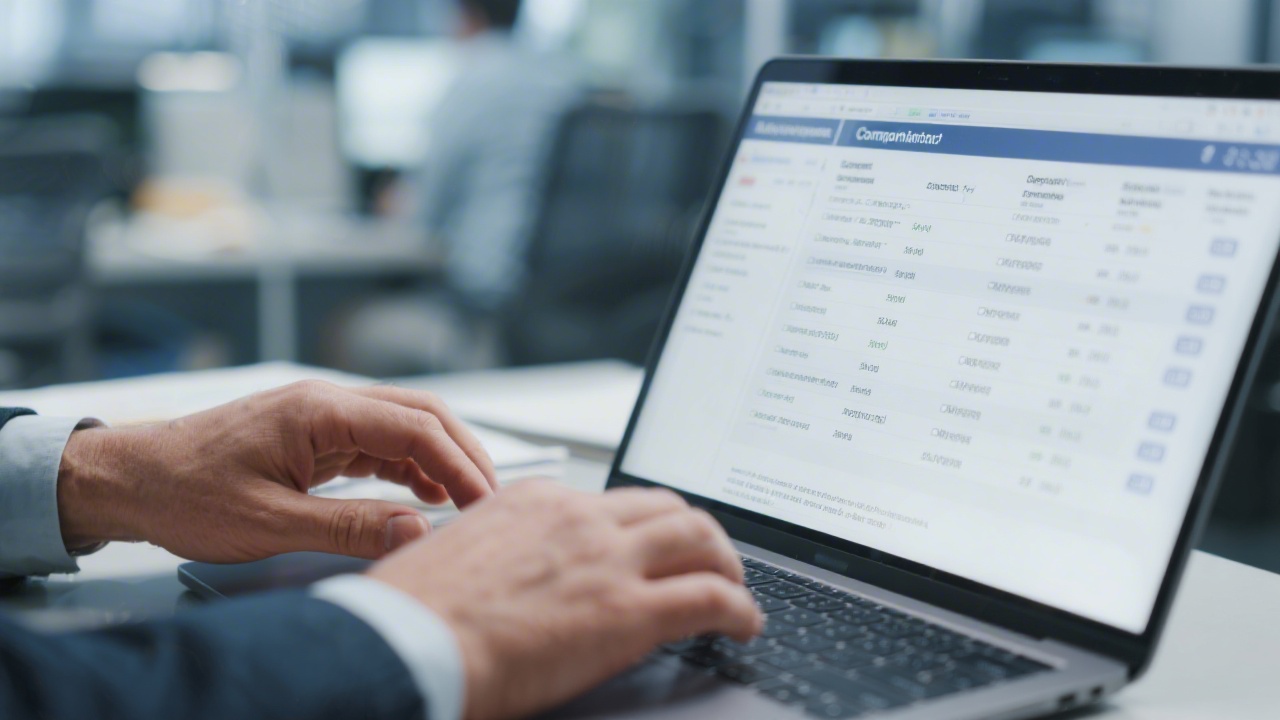 Close up of accountant hands reconciling digital ledgers with compliance checklist on a secured laptop in a financial operations hub