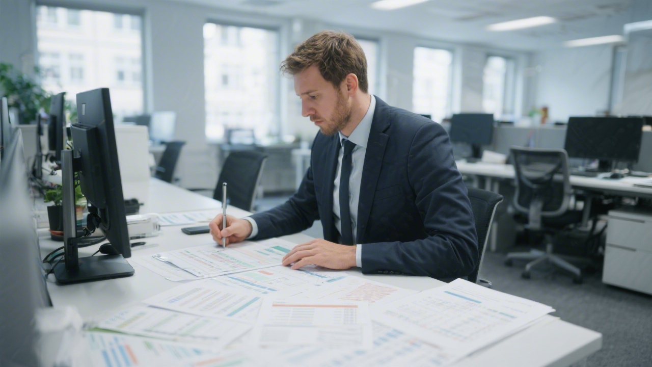 Financial specialist compiling annual financial statements with detailed schedules and compliance reports in a contemporary Berlin office environment