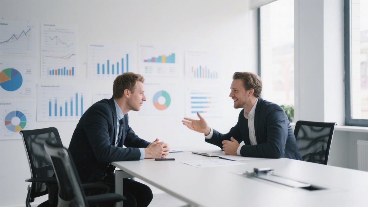 Two finance specialists discussing payroll governance at a meeting table surrounded by analytical charts in a bright Berlin office