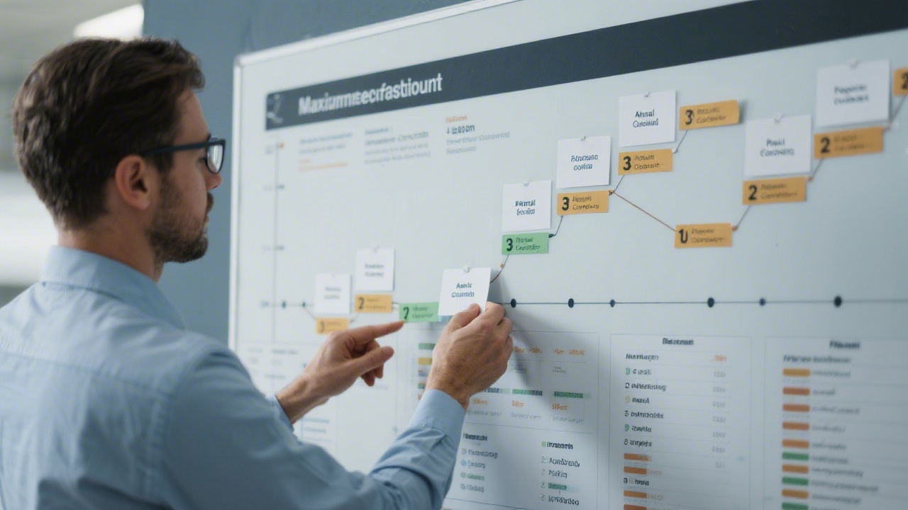 Project manager arranging milestone cards along a timeline for annual financial closing and payroll processing on a wall board